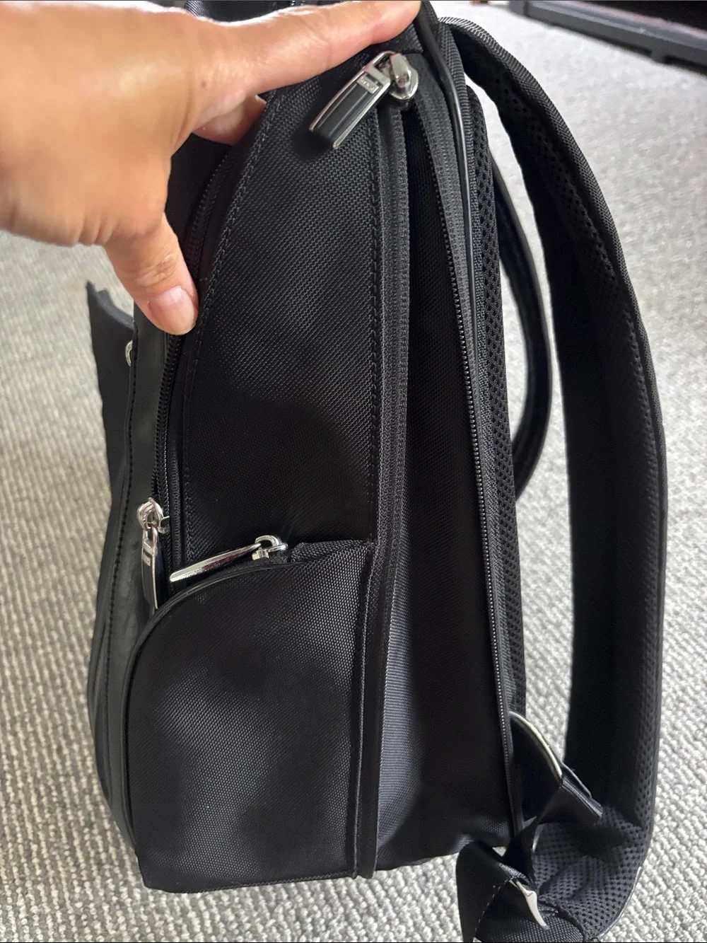 Tumi Black Ballistic Nylon Expandable Backpack with Leather Trim